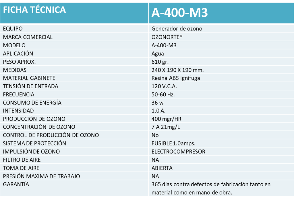 Generador de ozono para agua modelo A-400-M3